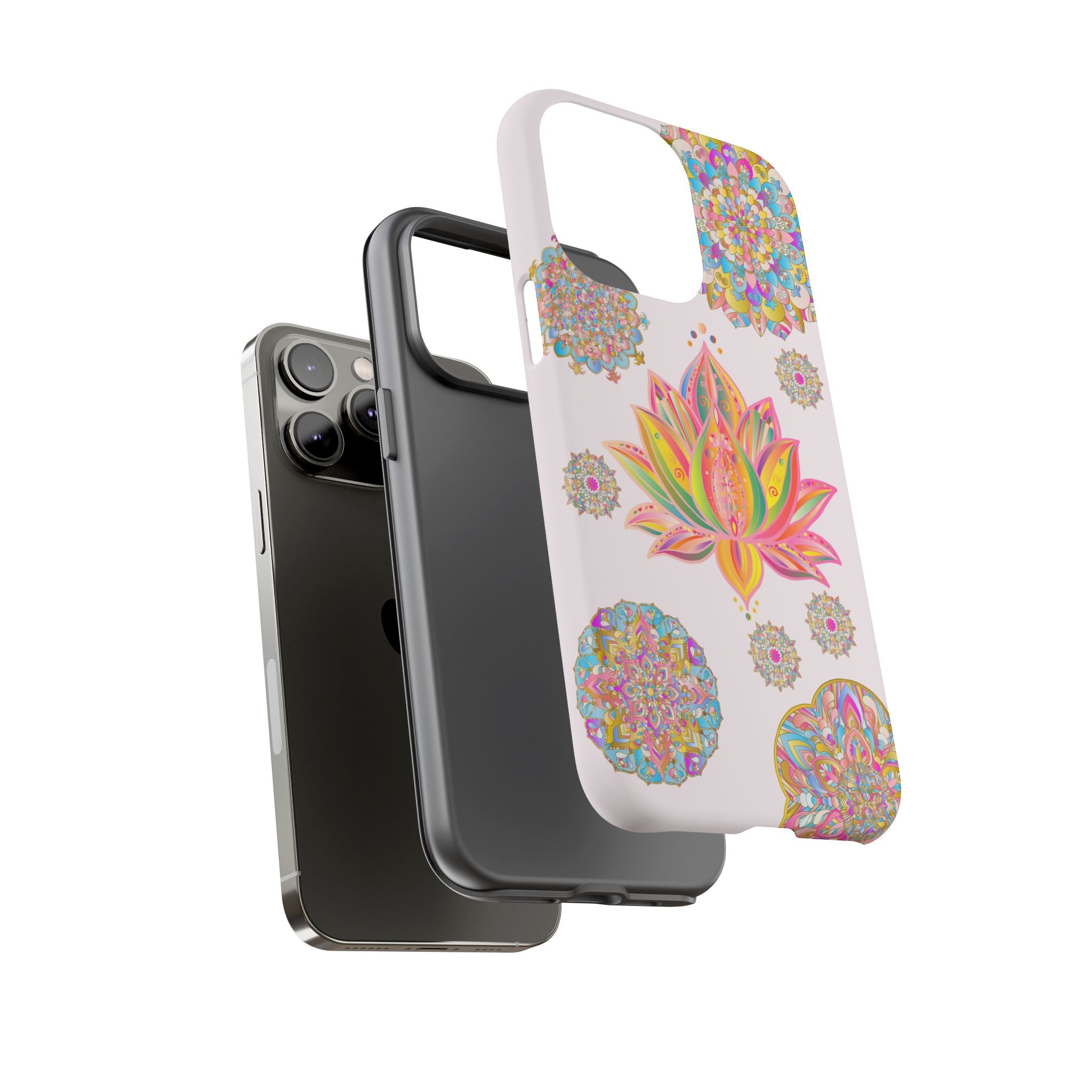 Light pink phone case with a mandala design featuring a beautiful lotus flower