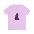 A black cat with a colorful silhouette printed on a t-shirt