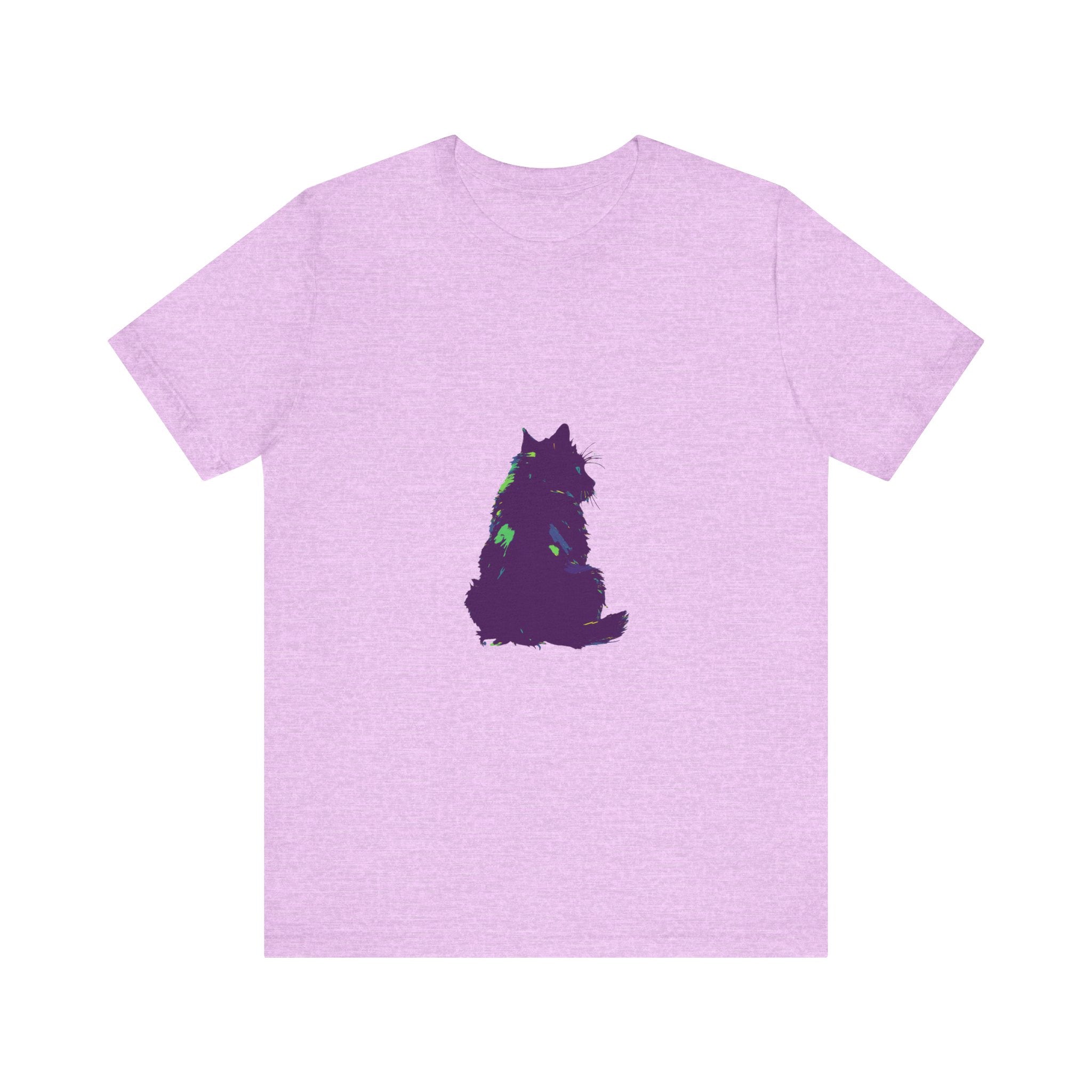 A black cat with a colorful silhouette printed on a t-shirt