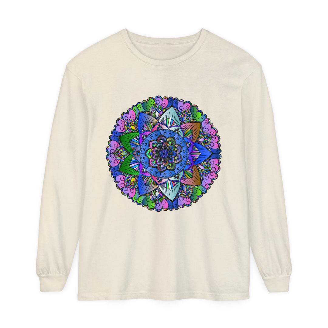 Colorful and intricate mandala design on a unisex long sleeve t-shirt