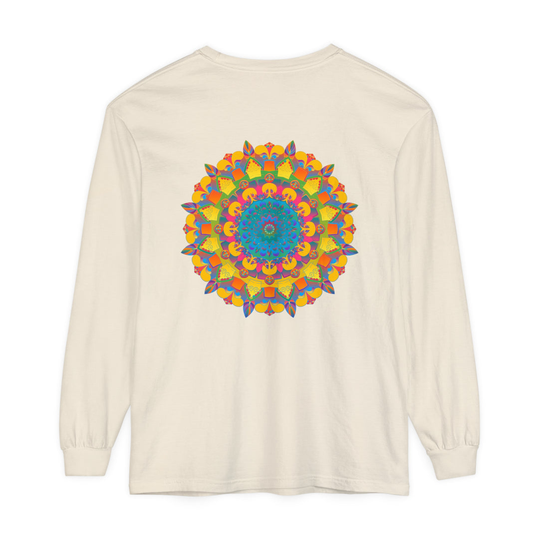 Colorful and intricate mandala design featured on unisex long sleeve t-shirt