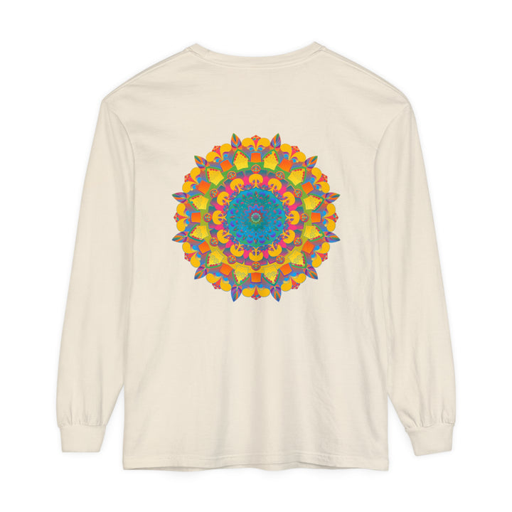 Colorful and intricate mandala design featured on unisex long sleeve t-shirt