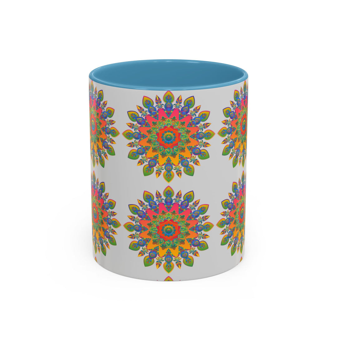 Colorful mandala mug featuring intricate and vibrant art on a grey background