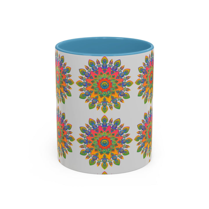 Colorful mandala mug featuring intricate and vibrant art on a grey background