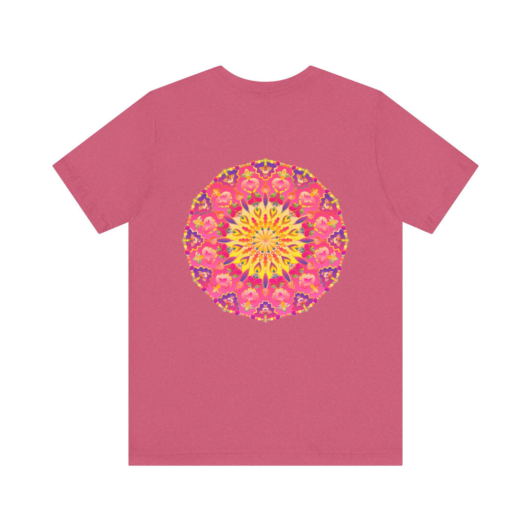 A vibrant and colorful Pink & Yellow Mandala T-Shirt featuring symbols of Peace & Harmony