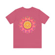 A vibrant and colorful Pink & Yellow Mandala T-Shirt featuring symbols of Peace & Harmony