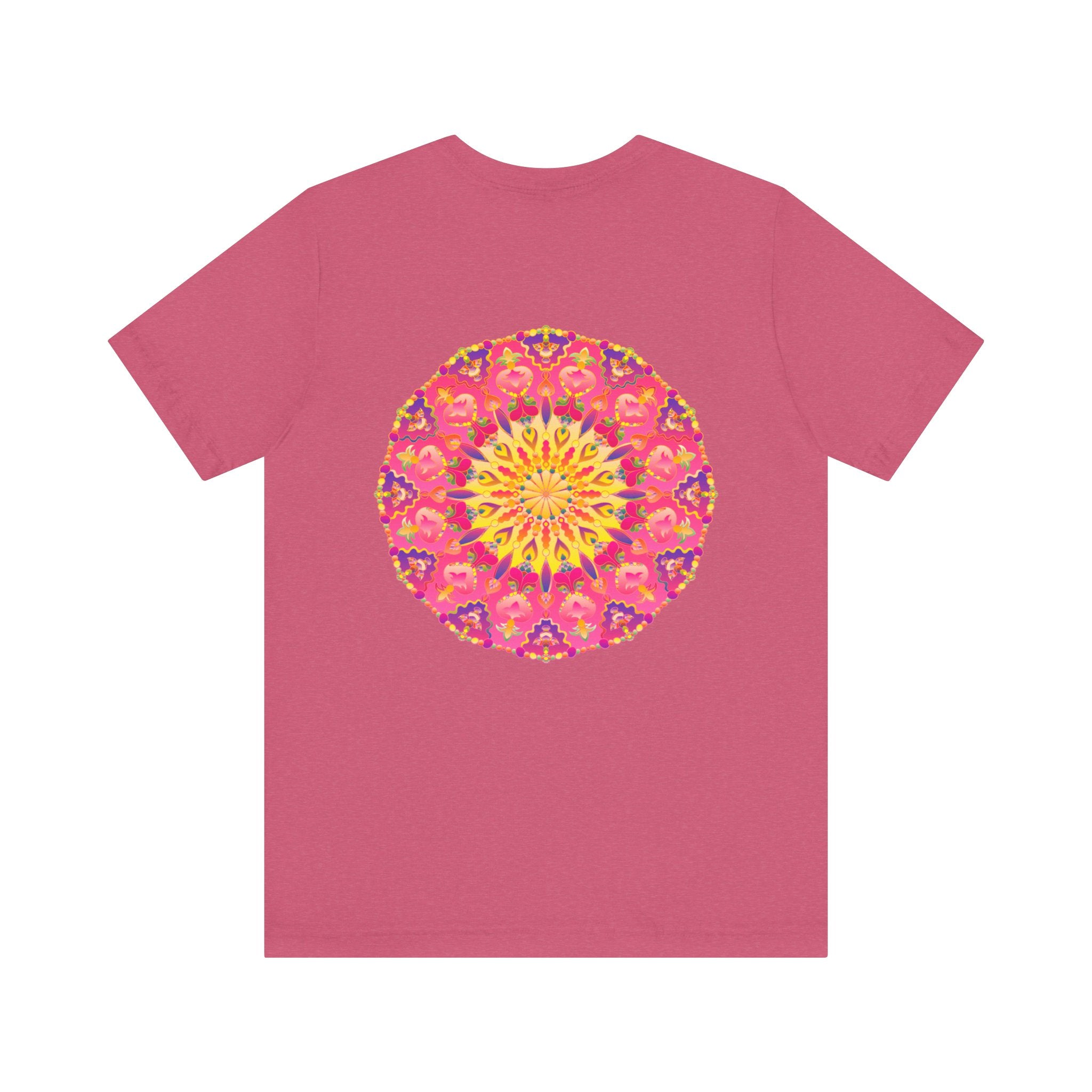 A vibrant and colorful Pink & Yellow Mandala T-Shirt featuring symbols of Peace & Harmony