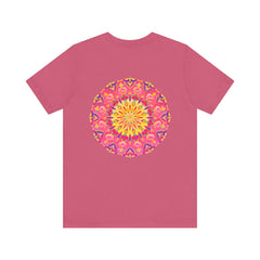 A vibrant and colorful Pink & Yellow Mandala T-Shirt featuring symbols of Peace & Harmony