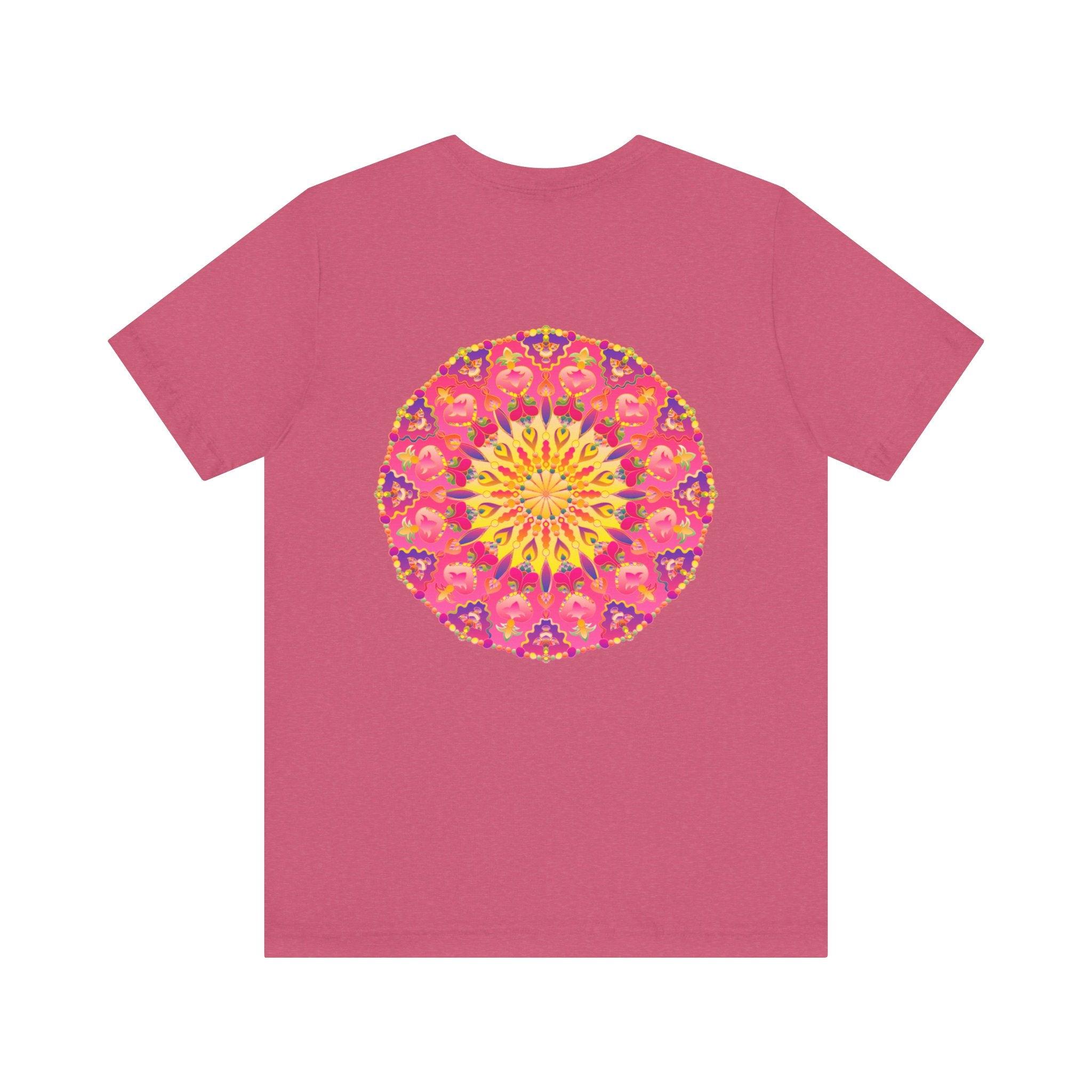 A vibrant and colorful Pink & Yellow Mandala T-Shirt featuring symbols of Peace & Harmony