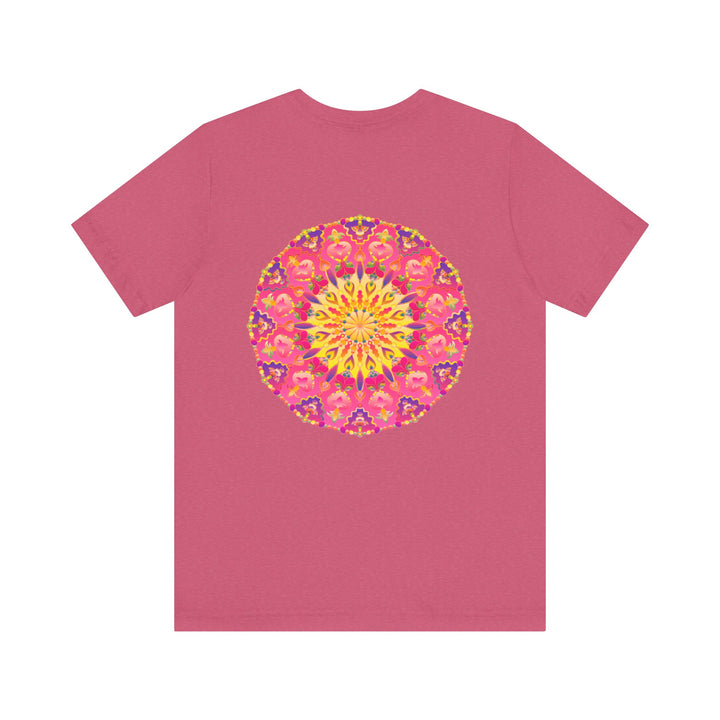 A vibrant and colorful Pink & Yellow Mandala T-Shirt featuring symbols of Peace & Harmony