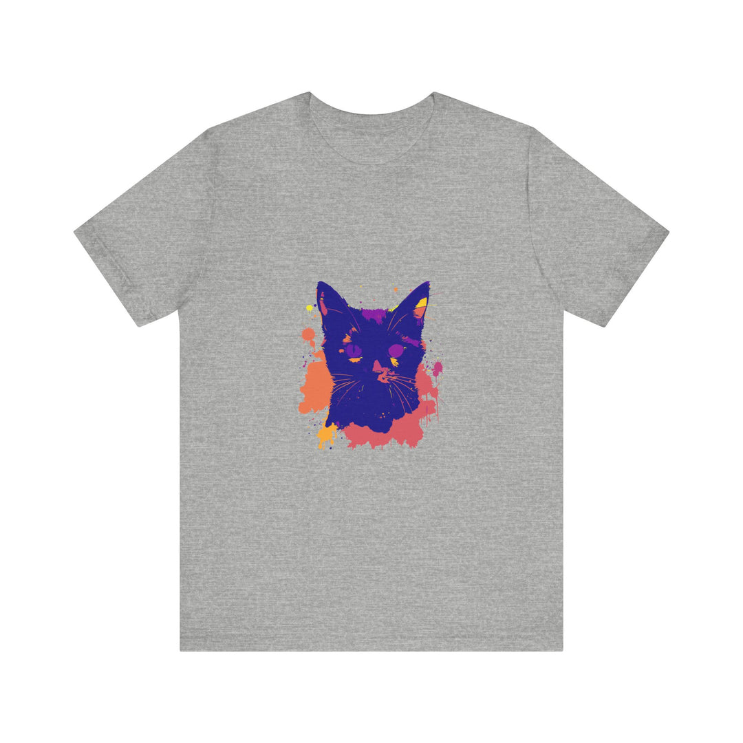 A high-quality black cat mystery t-shirt with a colorful and striking splatter