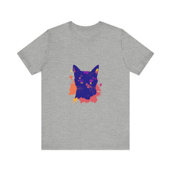 A high-quality black cat mystery t-shirt with a colorful and striking splatter