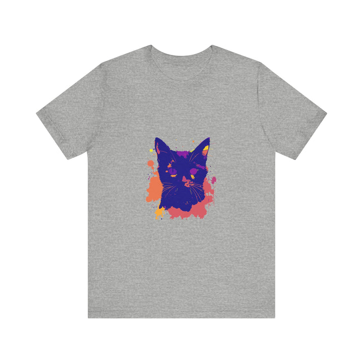 A high-quality black cat mystery t-shirt with a colorful and striking splatter