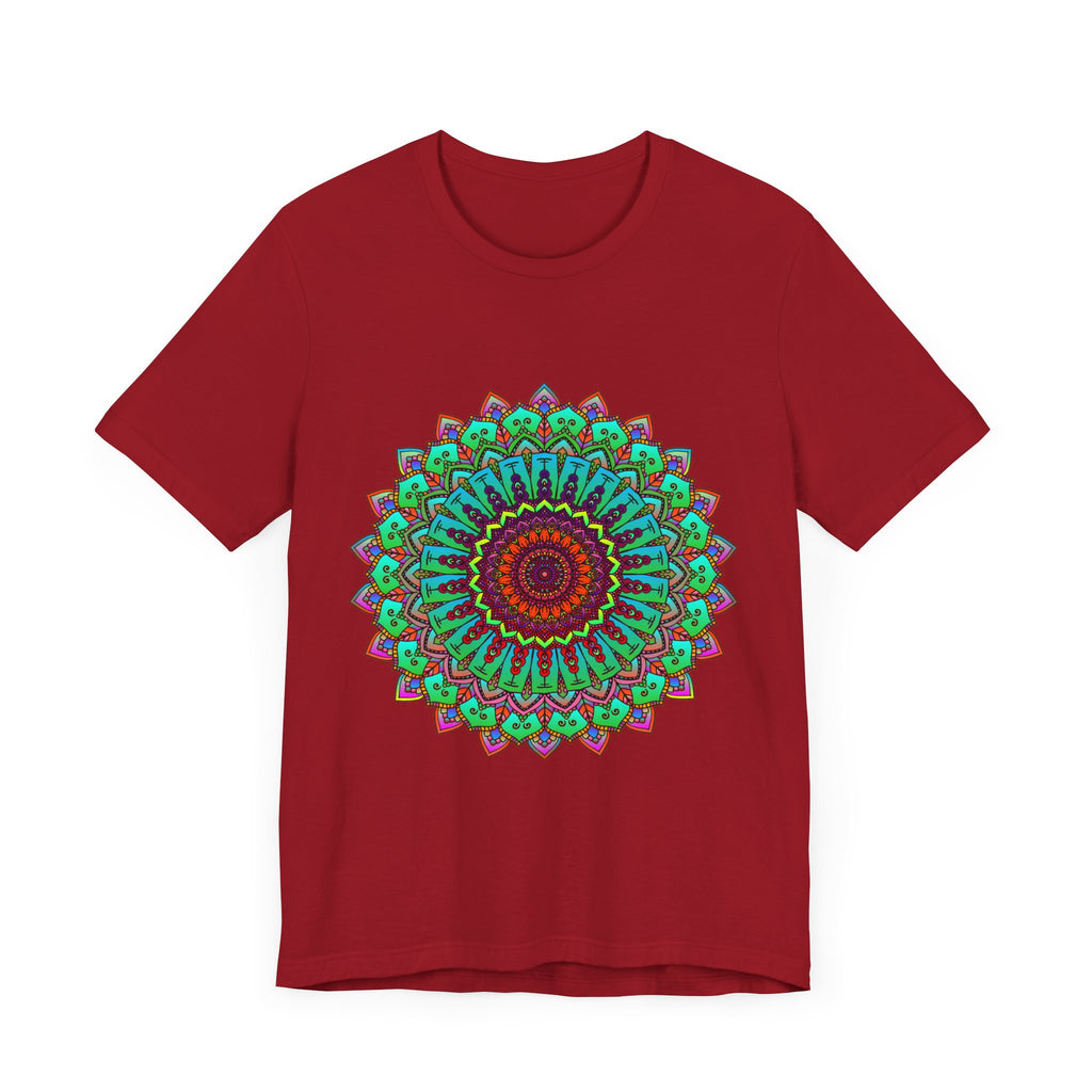 A vibrantly colorful mandala tee with intricate spiritual art design