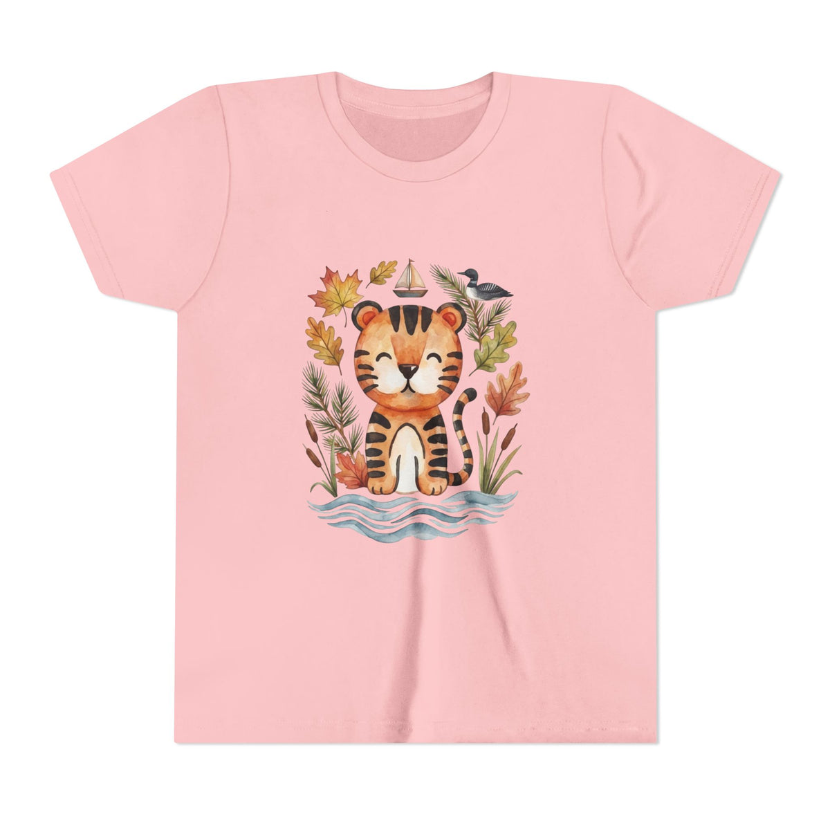 Kids Tiger Lake Ontario Tee — Watercolor Autumn Sailboat & Leaves Youth Short Sleeve Tee