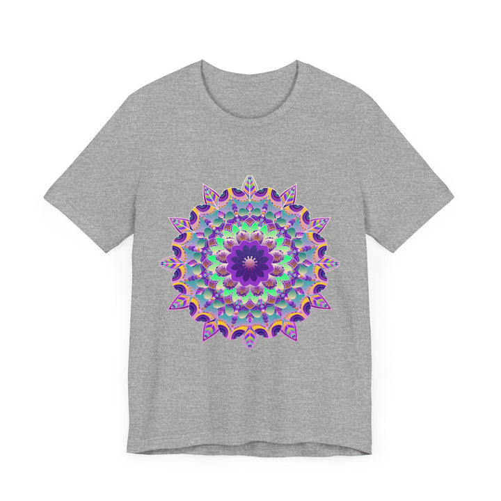 A close-up image of a vibrant purple mandala design on a t-shirt, featuring intricate and psychedelic patterns