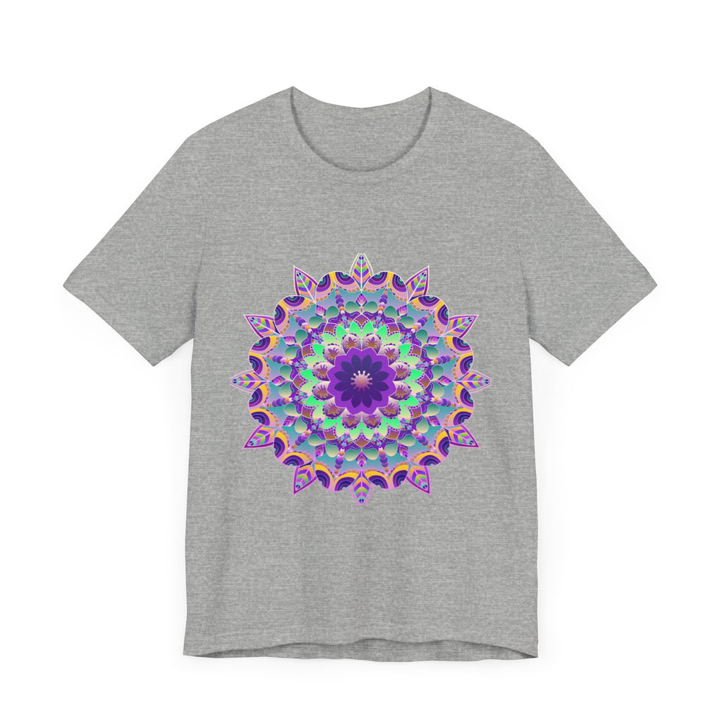 A close-up image of a vibrant purple mandala design on a t-shirt, featuring intricate and psychedelic patterns