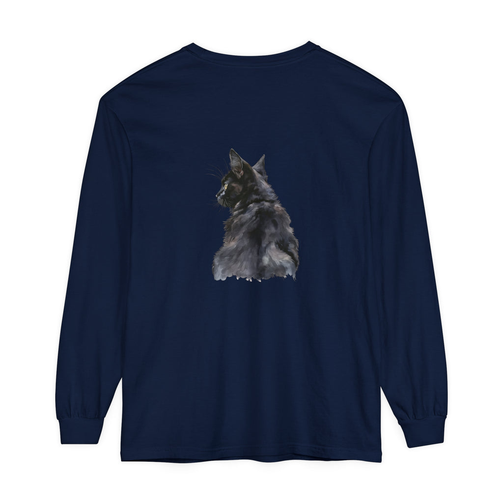 Stylish and comfortable black long sleeve T-shirt with a unique watercolor design of a black cat, perfect for cat lovers and anyone who appreciates original art on clothing