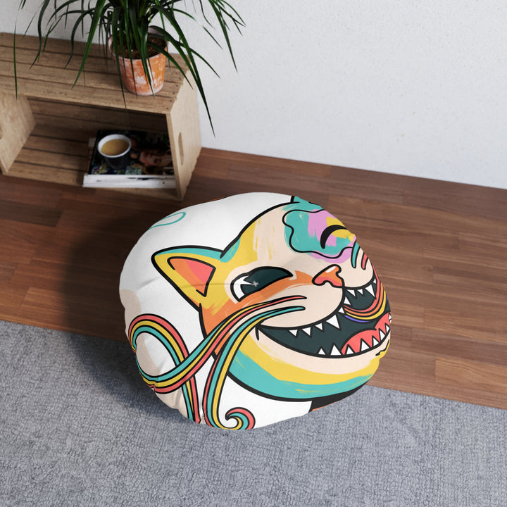 Round Tufted Floor Pillow — Grinning Rainbow Cat Cartoon with Paw Icons