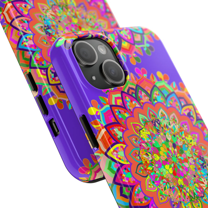 Hand drawn purple Mandala Art phone case with intricate floral design