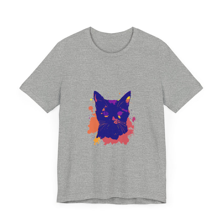 A high-quality black cat mystery t-shirt with a modern and unique splatter