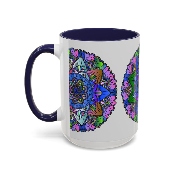 A colorful and peaceful mandala mug, featuring intricate art designs