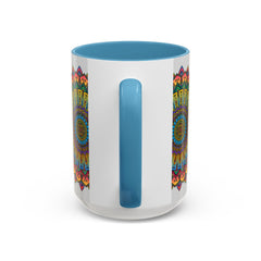 Handcrafted ceramic mug featuring a vibrant mandala design, perfect for spiritual and colorful art enthusiasts