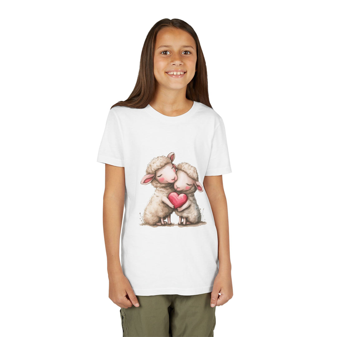 Jugend-T-Shirt – Cartoon-Schafe, die ein Herz umarmen, süßes und schönes Design 