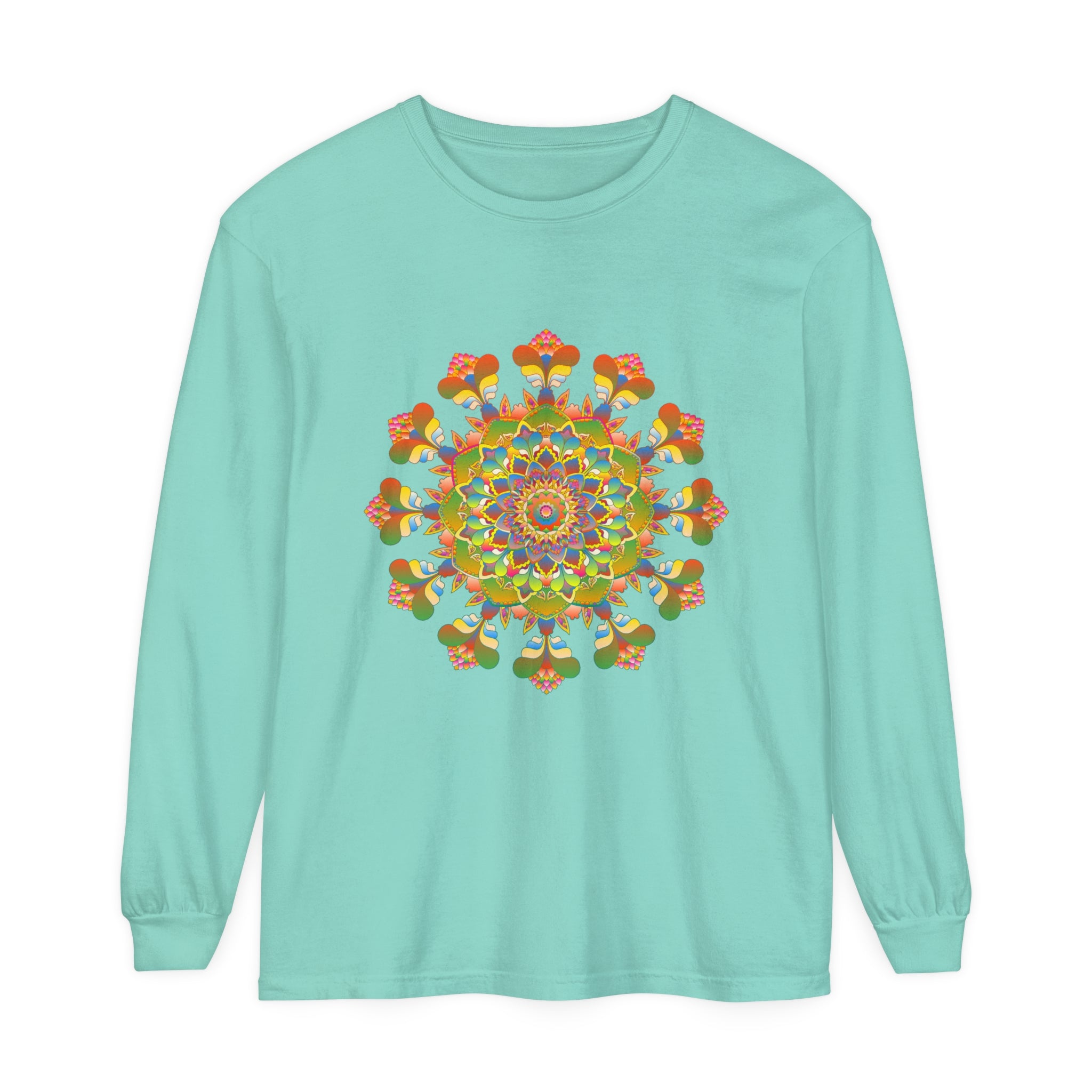 Vibrant Mandala Long Sleeve T-Shirt featuring colorful and intricate artistic design