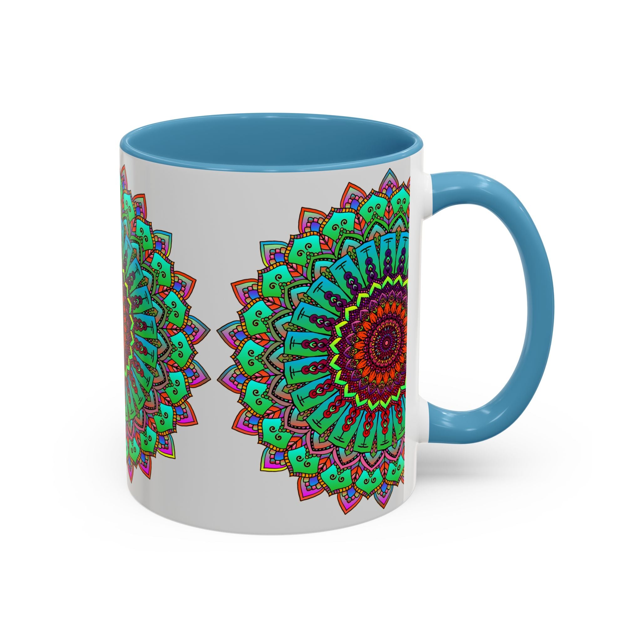 A light grey ceramic mug featuring a colorful mandala art design