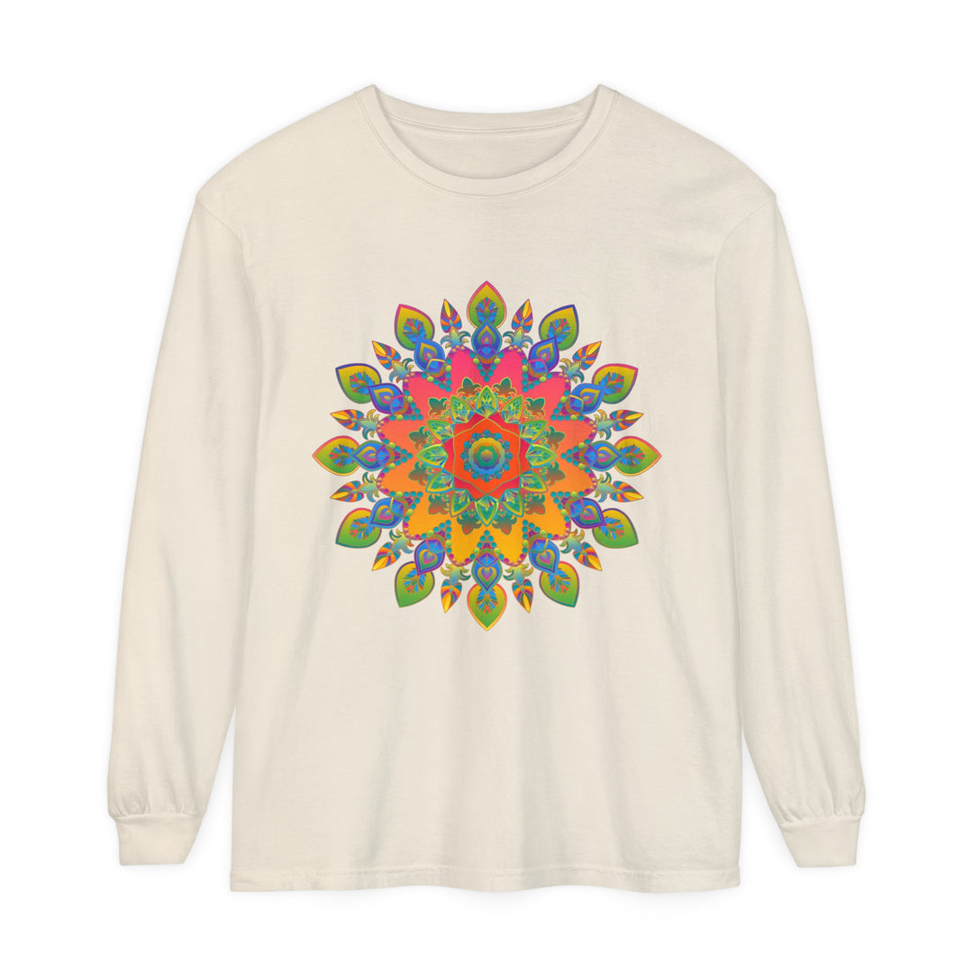 Colorful and intricate mandala design on a unisex long sleeve T-shirt