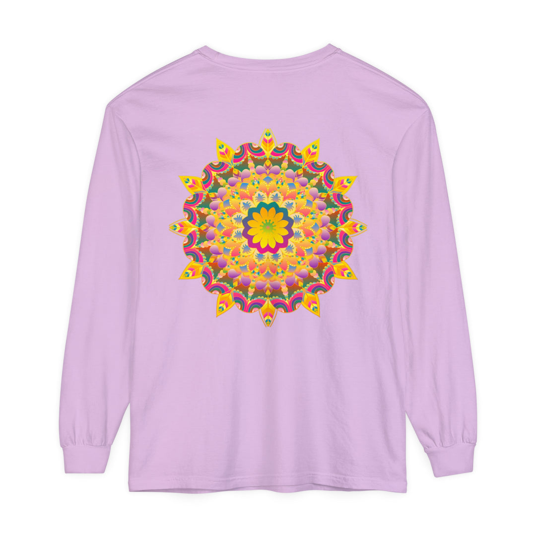 Colorful psychedelic mandala pattern long sleeve t-shirt on white background