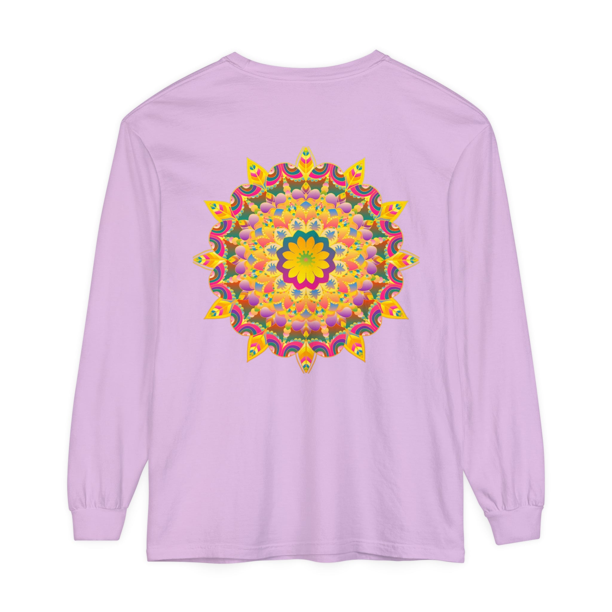 Colorful psychedelic mandala pattern long sleeve t-shirt on white background