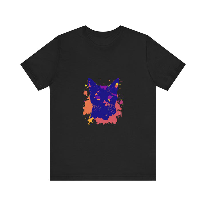 A fashionable black cat mystery t-shirt with a striking and colorful splatter