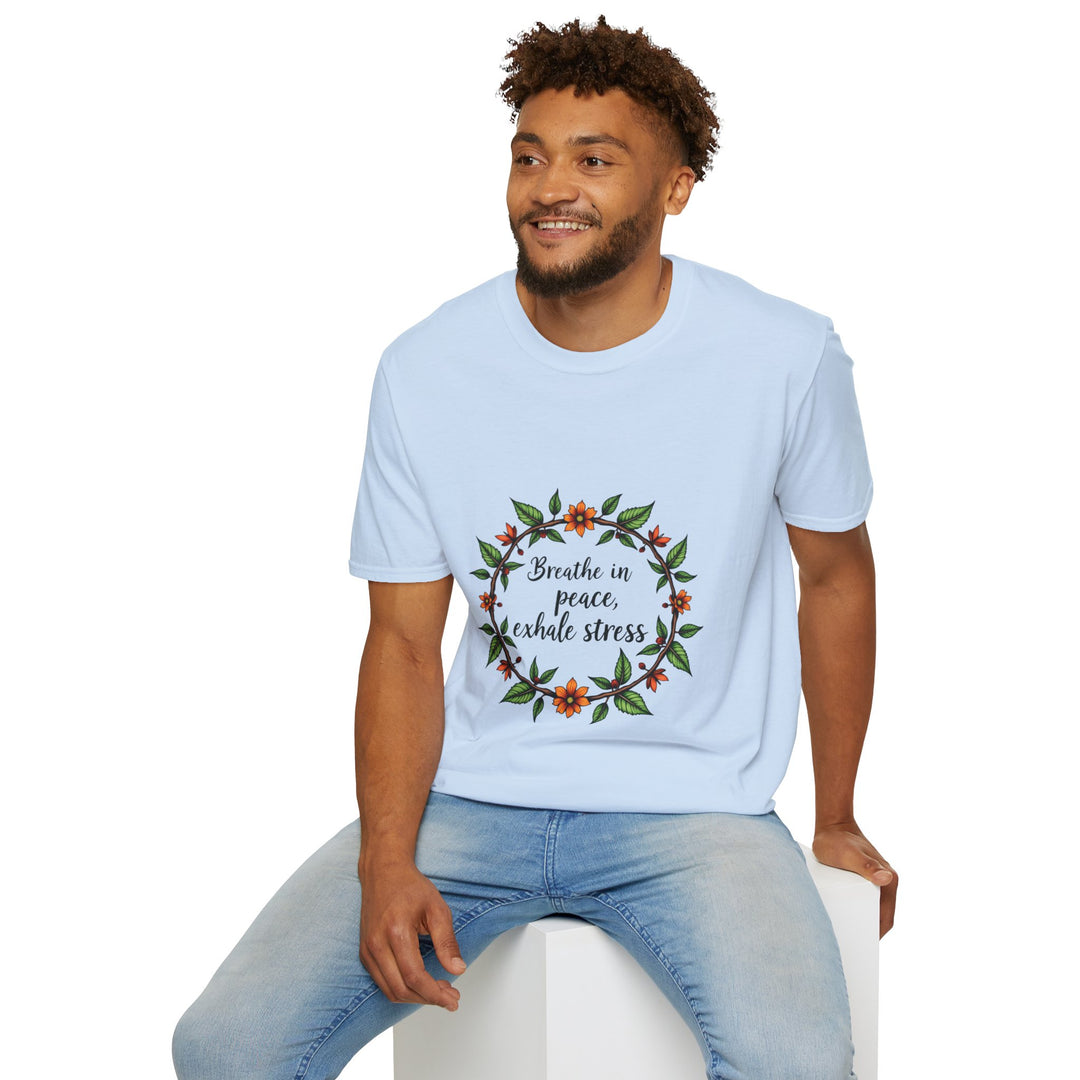 Colorful floral garland t-shirt with the words 'Breathe in Peace Exhale Stress' in cursive font