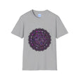 Softstyle unisex t-shirt featuring a hand-drawn purple mandala art design