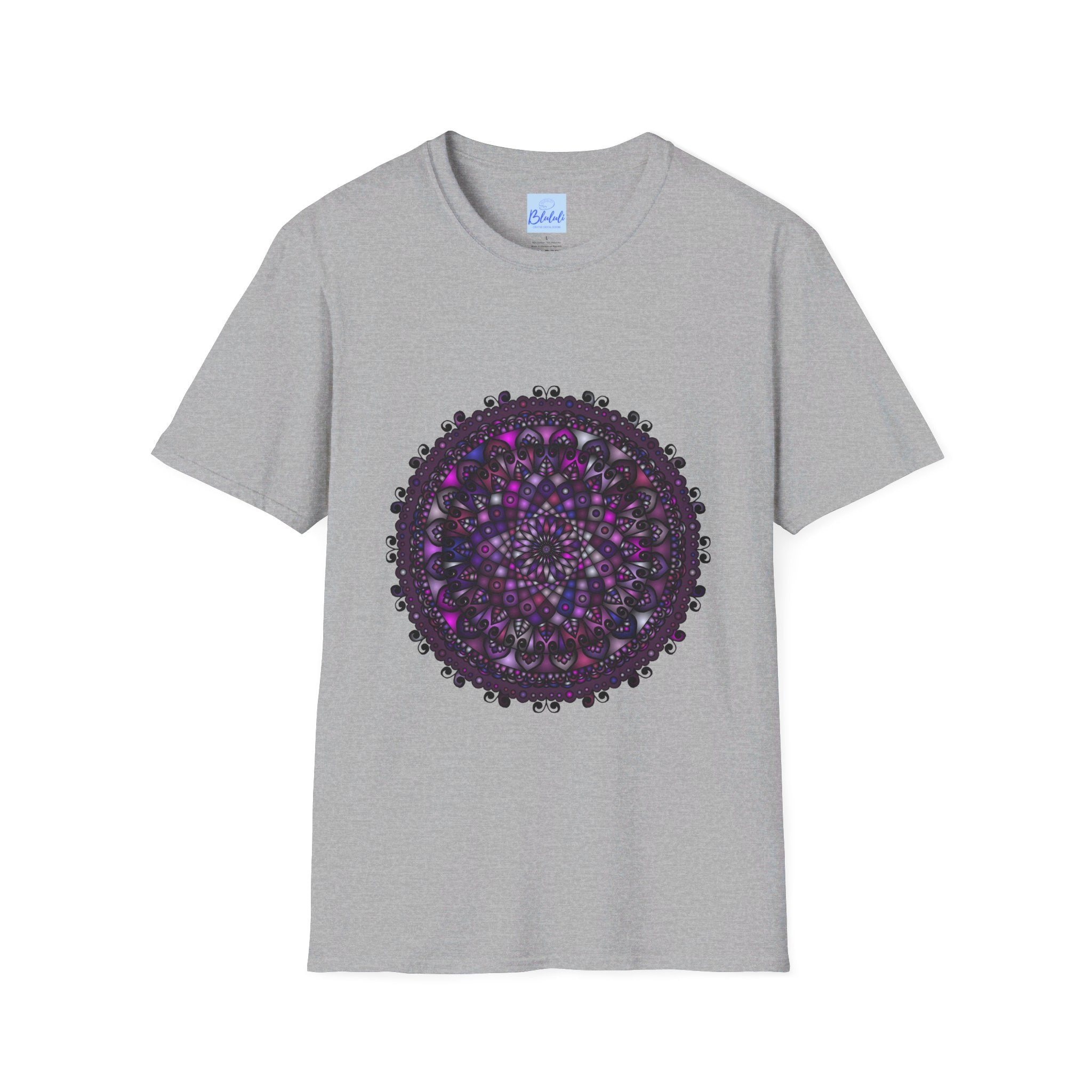 Softstyle unisex t-shirt featuring a hand-drawn purple mandala art design