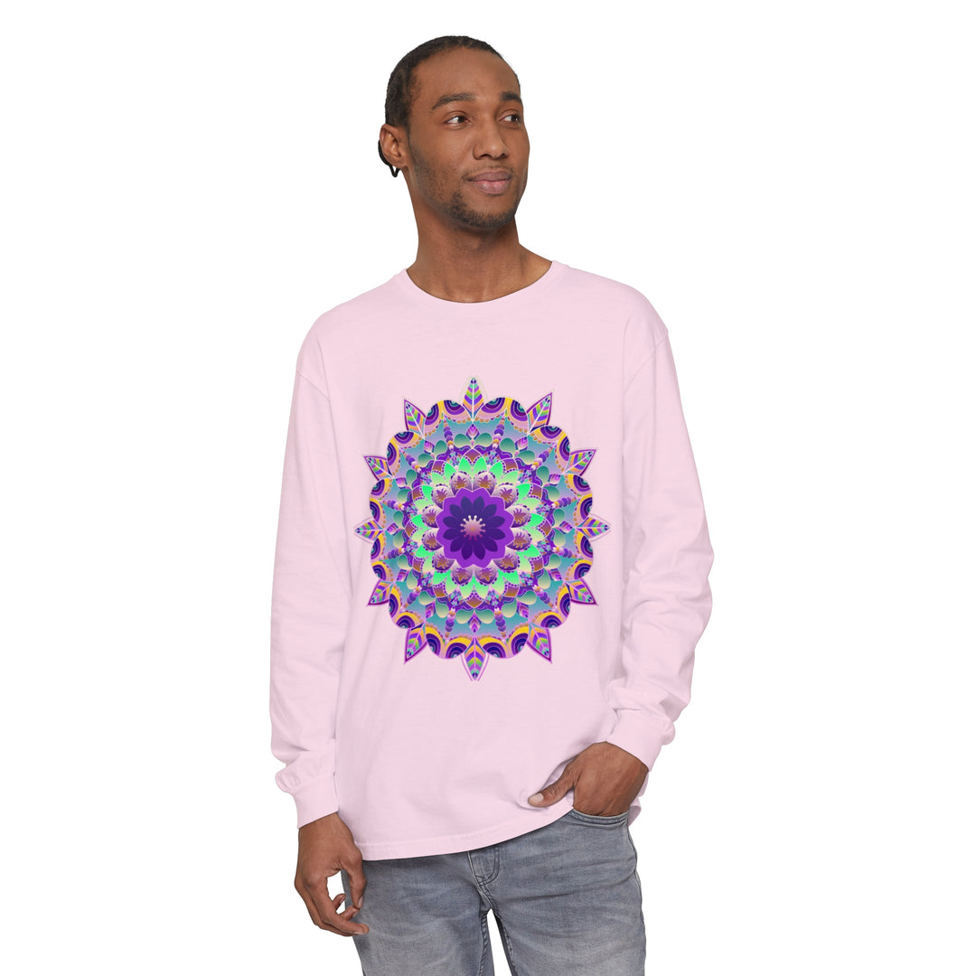 Colorful psychedelic mandala design on a long sleeve t-shirt