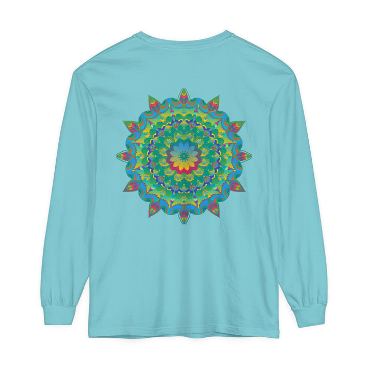 Colorful and intricate psychedelic mandala design on a long sleeve t-shirt