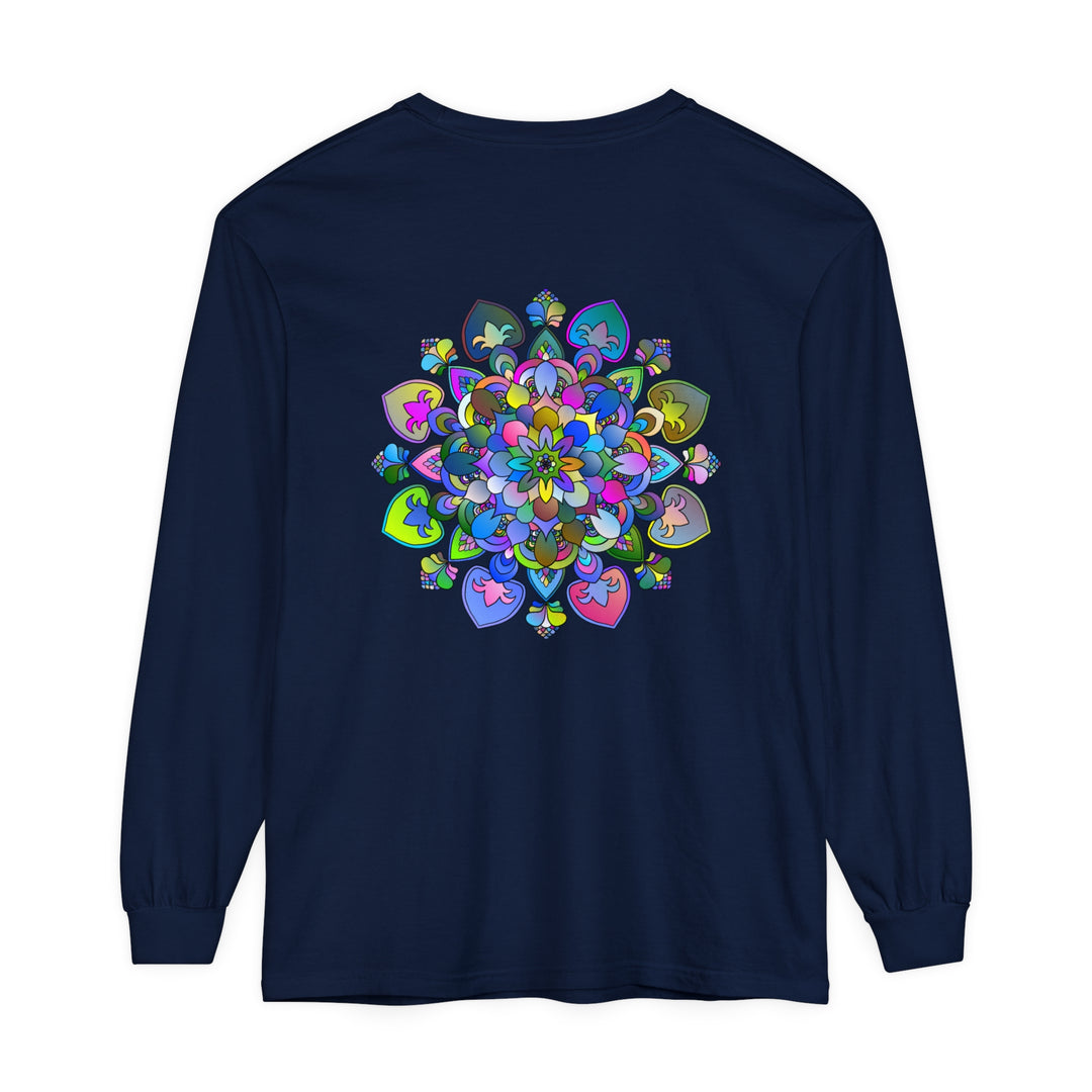 Colorful and intricate mandala design on a vibrant long sleeve t-shirt