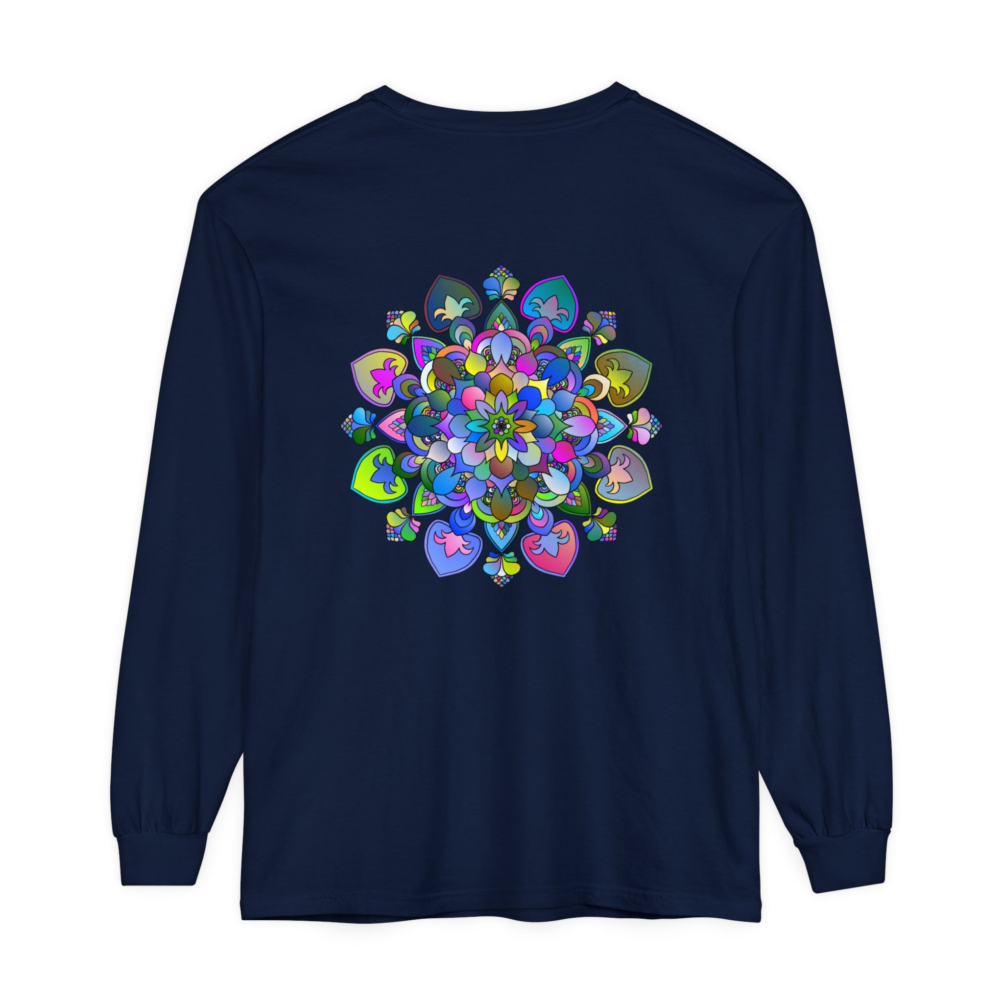 Colorful and intricate mandala design on a vibrant long sleeve t-shirt