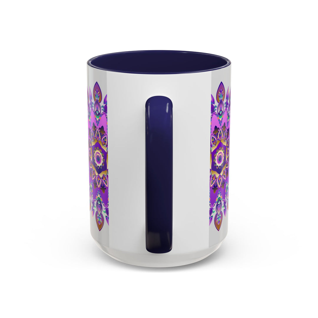 Beautiful purple and gold mandala mug featuring intricate bohemian art design