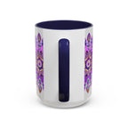 Beautiful purple and gold mandala mug featuring intricate bohemian art design