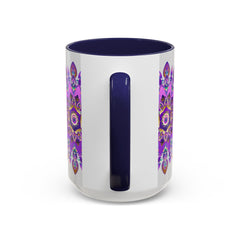 Beautiful purple and gold mandala mug featuring intricate bohemian art design
