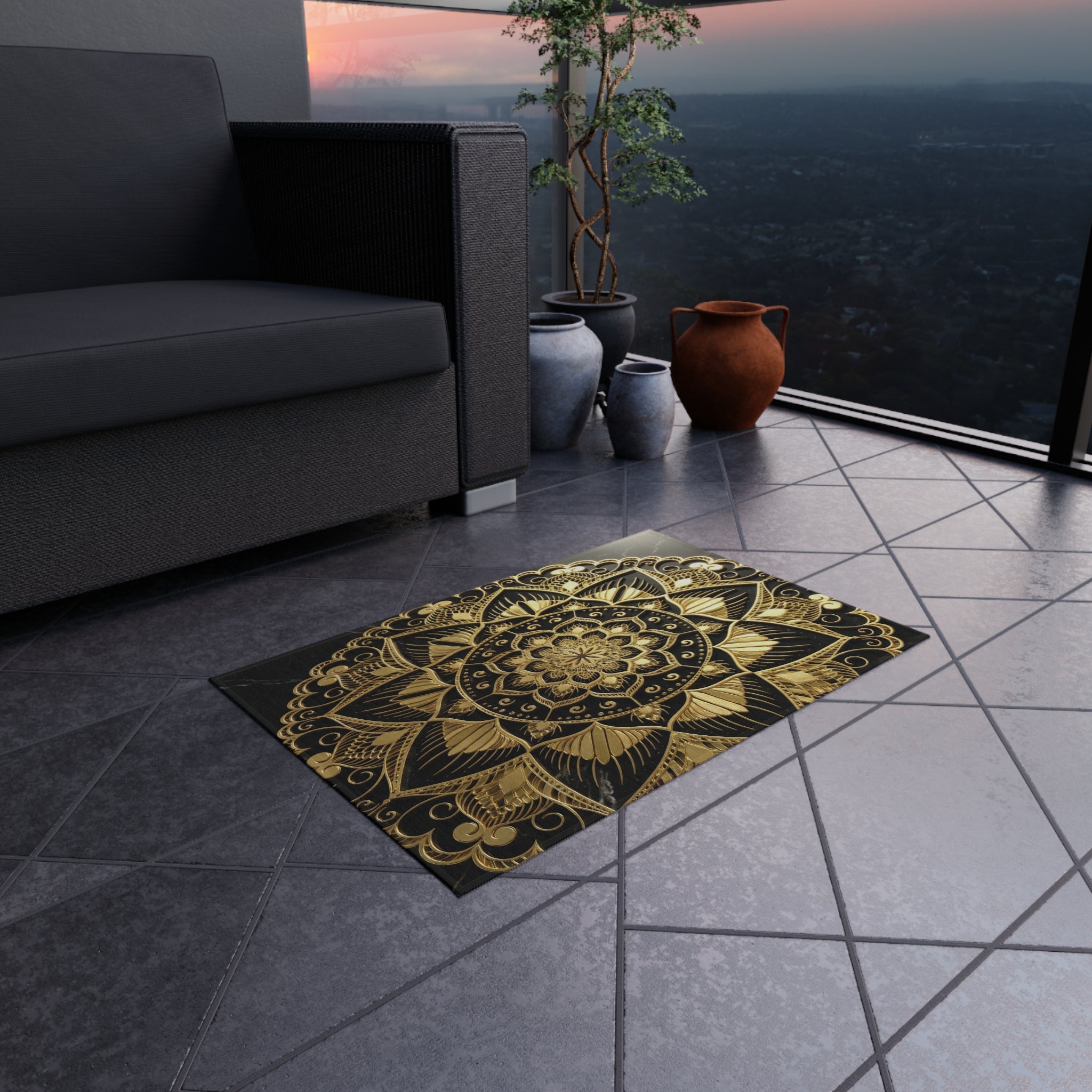 Gold Mandala Outdoor Rug — Boho Patio Mat for Porch, Deck & Garden