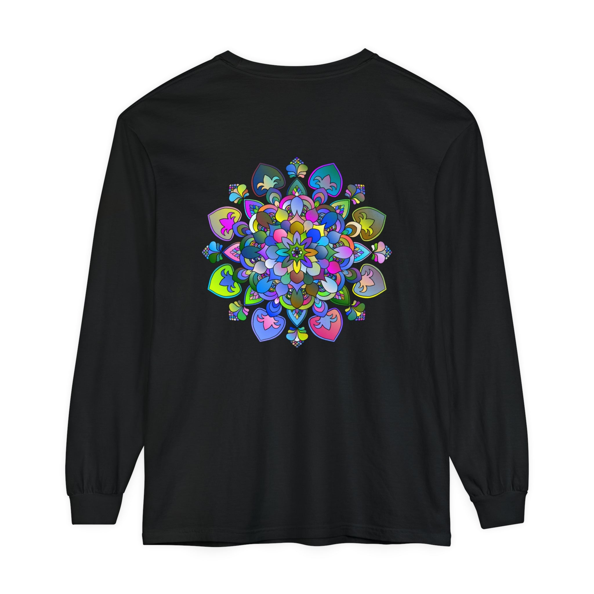 Colorful and intricate mandala design long sleeve t-shirt in vibrant hues