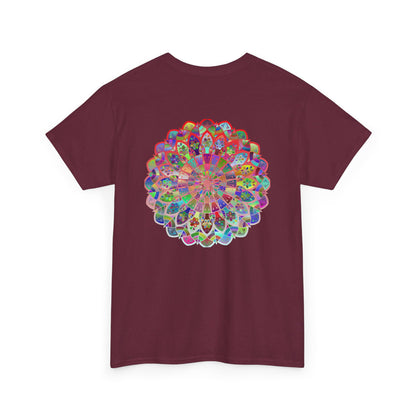 Colorful mandala design printed on a t-shirt, perfect for yoga and mindfulness practices, made from heavy cotton, suitable for both men and women