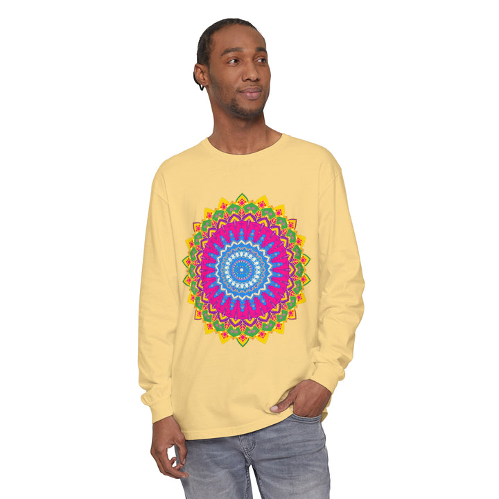 Colorful and intricate mandala design on a unisex long sleeve t-shirt