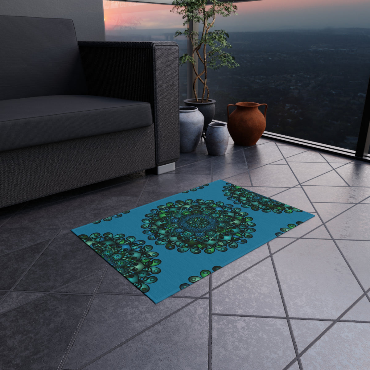 Blau-grüner Mandala-Outdoor-Teppich — Wetterfeste Terrassenmatte