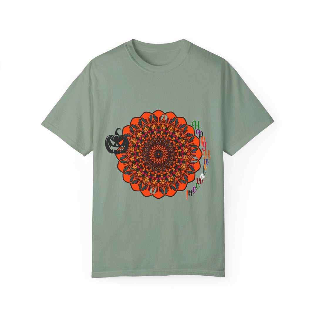 Handmade unisex Halloween Mandala T-shirt featuring unique pumpkin mandala art, created with garment-dyed tee fabric